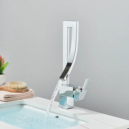 Modern chrome basin faucet with sleek waterfall spout and single handle mixer tap for bathroom use
