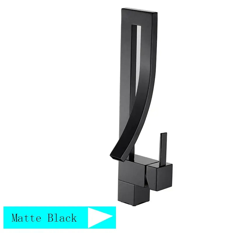 Matte black modern black quartz basin faucet with single handle mixer tap and sleek angular curved spout design