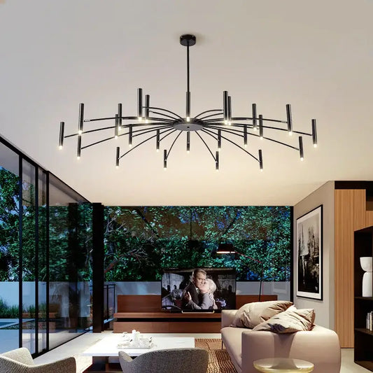 Modern black radial ceiling pendant lamp with sleek arms and multiple led lights for living room lighting