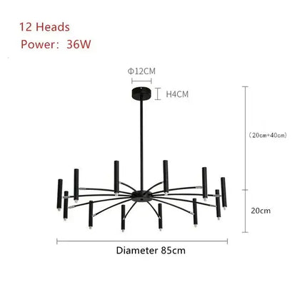 Modern black radial led ceiling pendant lamp with 12 slender arms and cylindrical fixtures for living room use