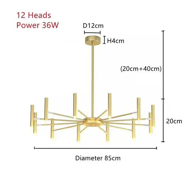 Modern gold-finished ceiling pendant lamp with 12 slender arms and central hub for contemporary living room spaces