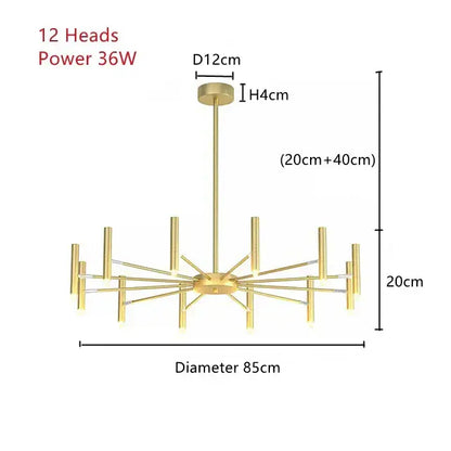 Modern gold-finished ceiling pendant lamp with 12 slender arms and central hub for contemporary living room spaces