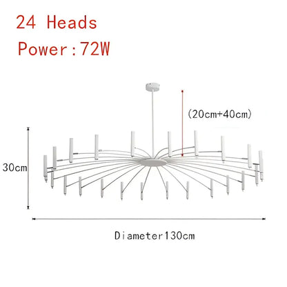 White metal chandelier pendant lamp with 24 candle-style lights and central circular base for living room ceiling pendant