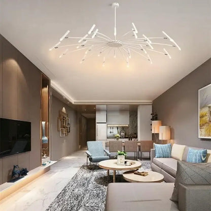 Modern white ceiling pendant lamp with slender radiating arms and embedded led lights for living room use