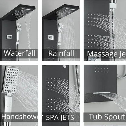 Modern black rainfall shower panel with chrome massage and spa jets featuring decorbites black rainfall design