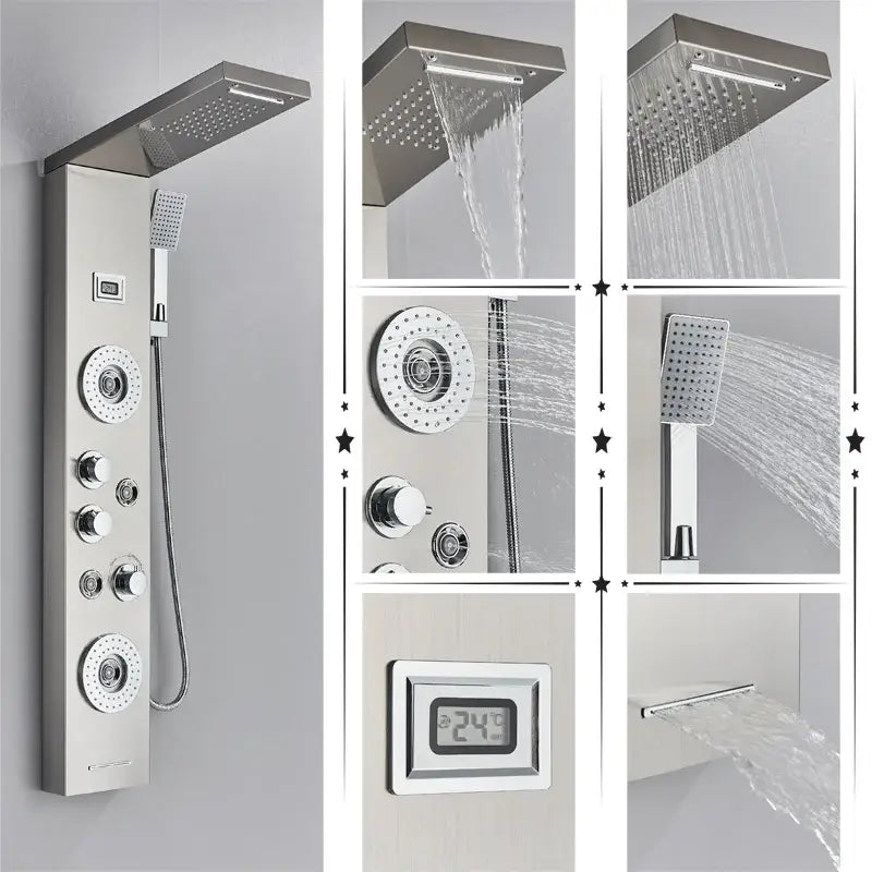 Modern black rainfall shower panel with massage screen features a chrome-finished shower panel and digital temperature display