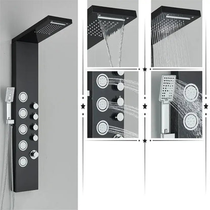 Modern black rainfall shower panel with massage screen featuring multiple spray heads and control knobs for bathroom use