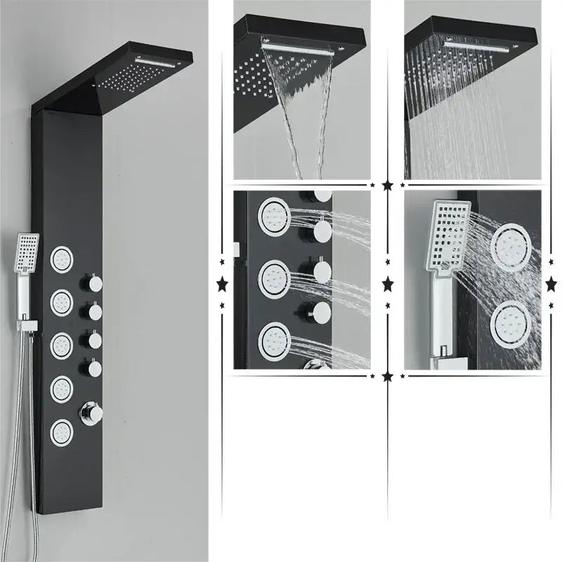 Modern black rainfall shower panel with massage screen featuring multiple spray heads and control knobs for bathroom use