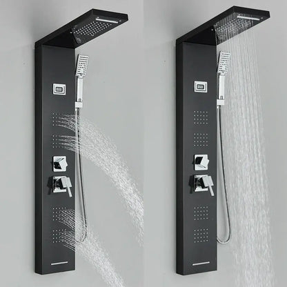 Modern black rainfall shower panel with massage screen featuring a black matte finish and chrome accents by decorbites black rainfall