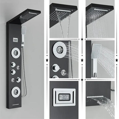 Modern black rainfall shower panel with massage screen featuring chrome accents and digital temperature display by decorbites black rainfall