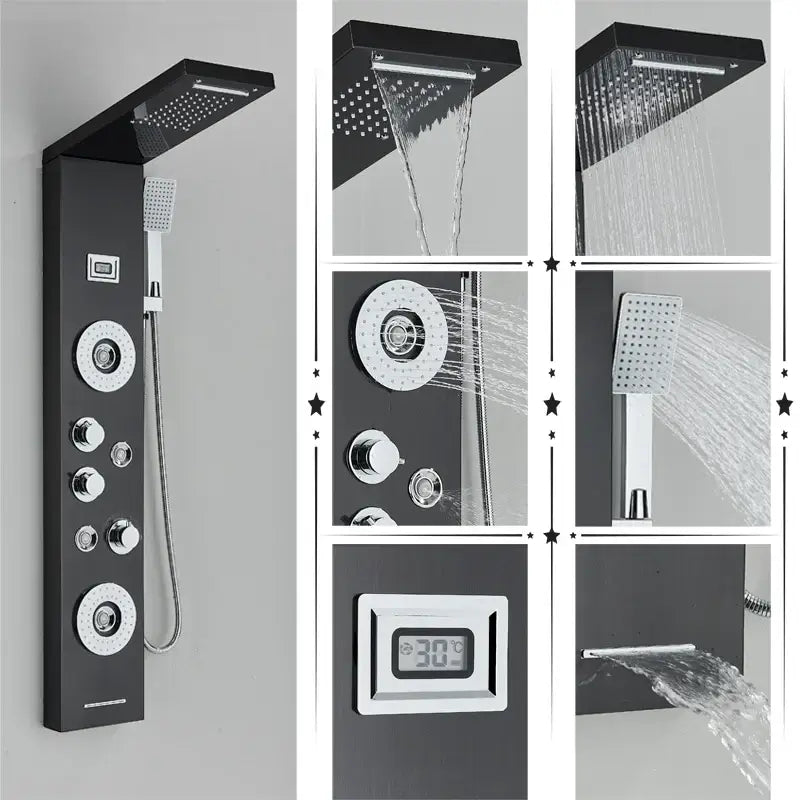 Modern black rainfall shower panel with massage screen featuring chrome accents and digital temperature display by decorbites black rainfall