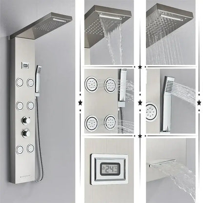 Modern black rainfall shower panel with chrome finish rectangular rainhead multiple jet nozzles and digital temperature display