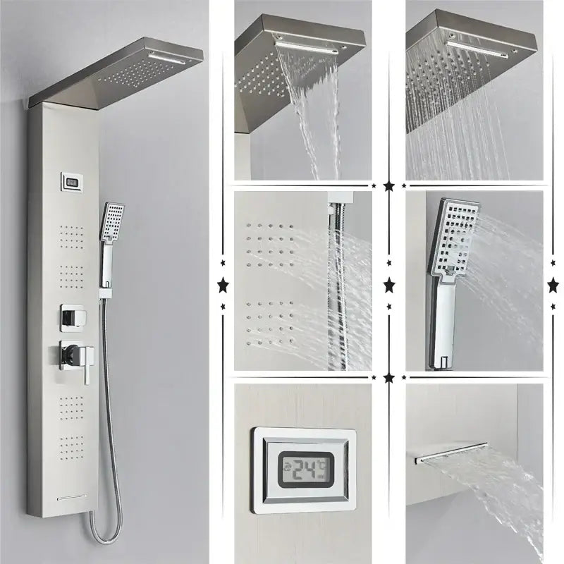 Modern black rainfall shower panel with chrome finish rainhead handheld spray and digital temperature display decorbites black rainfall shower panel