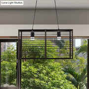 DecorBites™ modern black rectangle cage island pendant light with horizontal slats and two exposed bulbs for restaurants