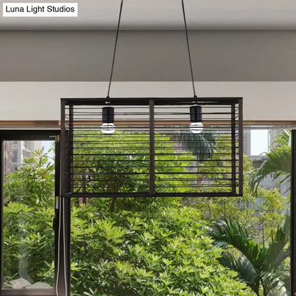 DecorBites™ modern black rectangle cage island pendant light with horizontal slats and two exposed bulbs for restaurants