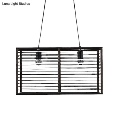 Decorbites™ modern black rectangle cage pendant light with horizontal slats and two exposed bulbs for island use
