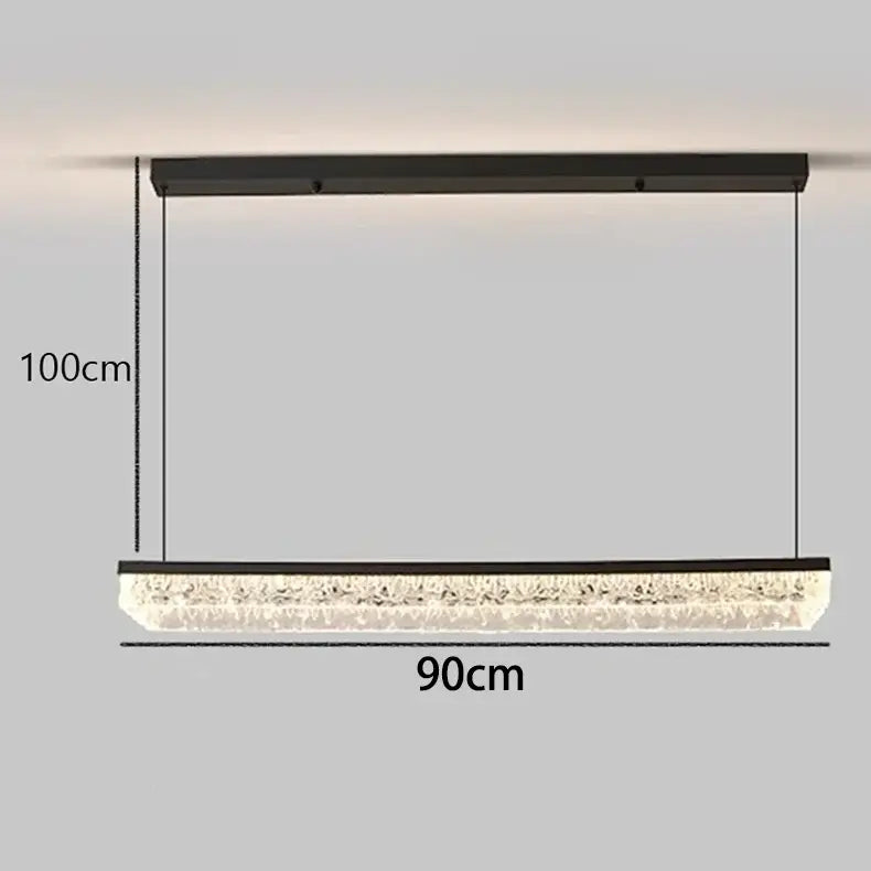 Modern black rectangular pendant light with crystal-encrusted glass panel emitting warm white light color selected version