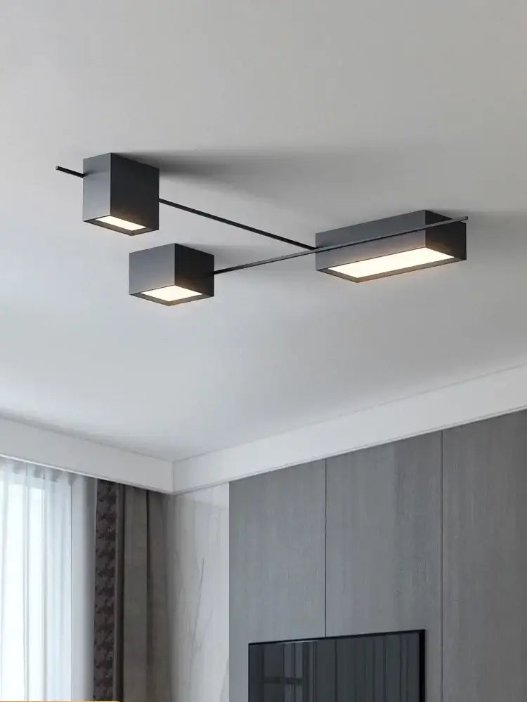 Modern black rectangular led ceiling lamp with three illuminated cube bulbs for dining room decorbites led ceiling use
