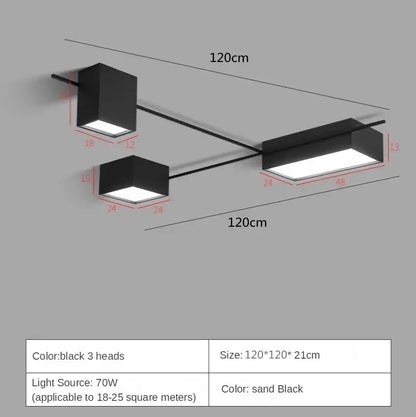 Modern black rectangular led ceiling lights with three heads and central bar for living room decoration ceiling lights
