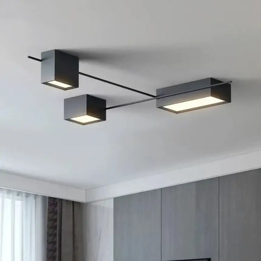 Modern black rectangular led ceiling light with two square and one elongated illuminated panels for living room decor