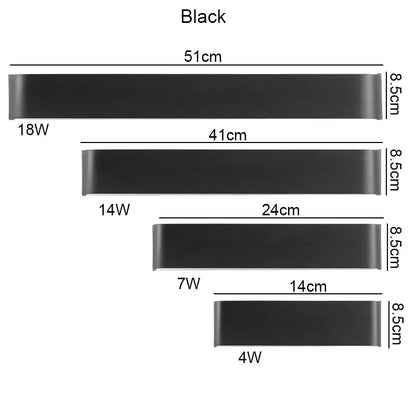 Modern black rectangular led wall lamp showing four resistance bands in different widths for bedroom warm glow lighting