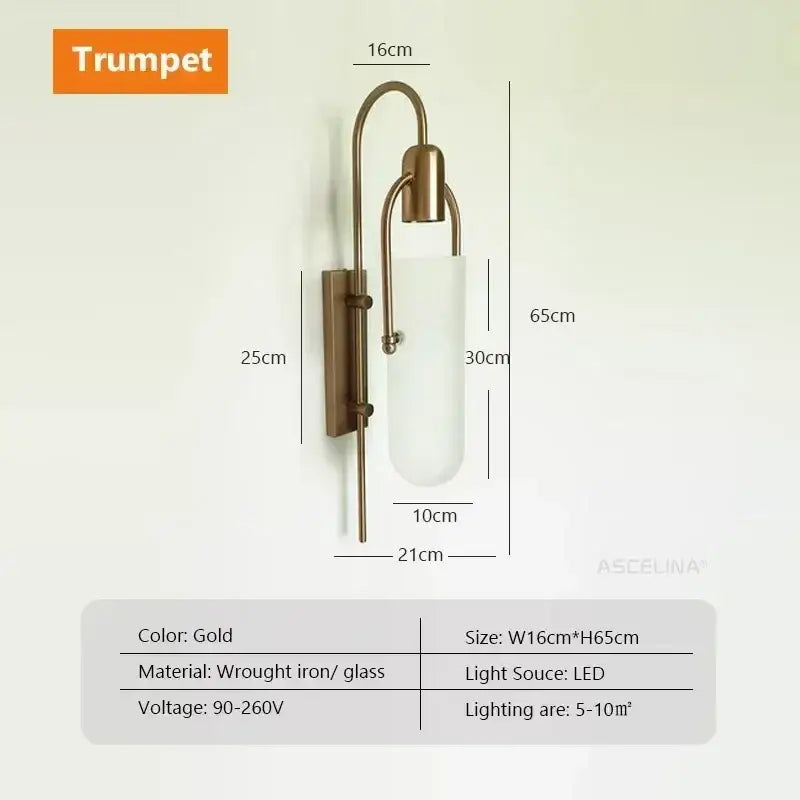 Gold trumpet-shaped wrought iron wall lamp with glass shade led light source for modern bedroom sconce lighting
