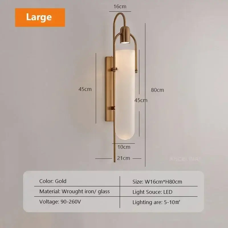 Gold-toned wall lamp with sleek wrought iron frame and frosted glass shade led suitable for bedroom sconce lighting