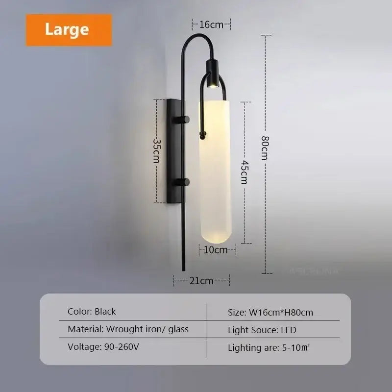 Modern black wrought iron wall lamp with curved arm and cylindrical frosted glass shade led bedroom sconce