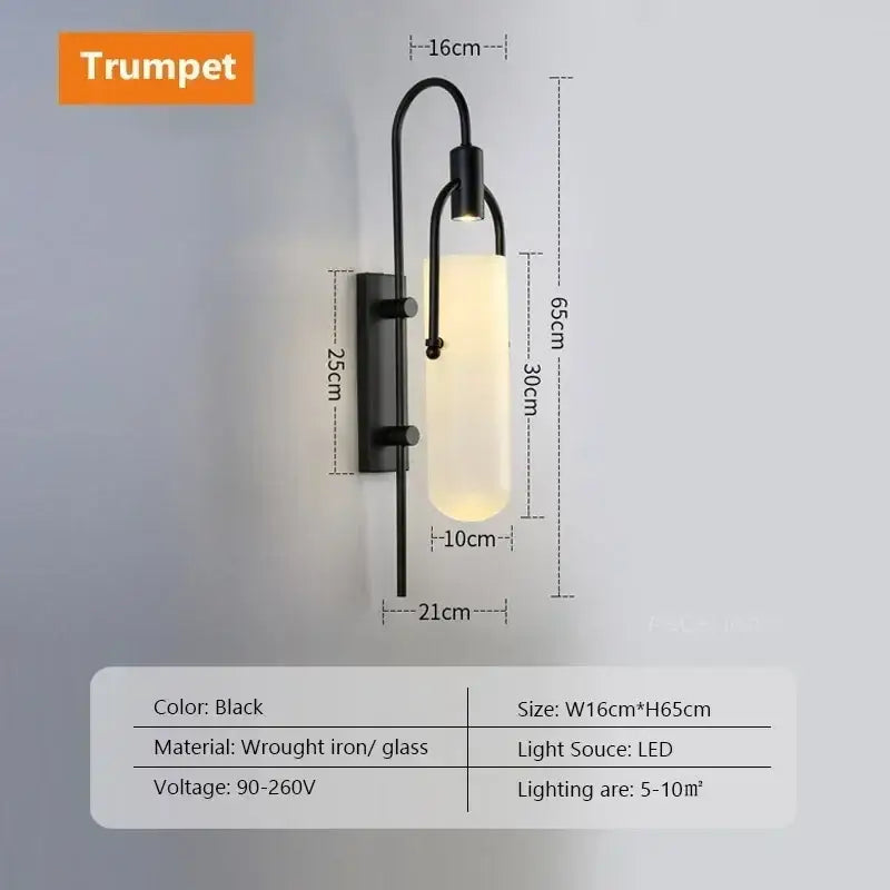Modern black wrought iron wall lamp with red glass shade led trumpet shape for bedroom shade led wall lighting