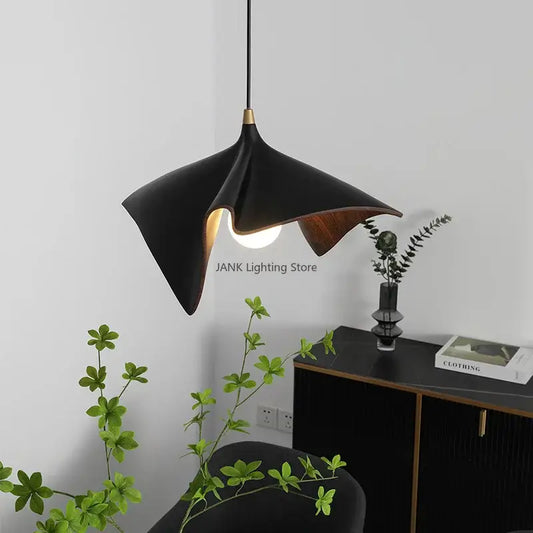 Modern black resin led pendant chandelier with sleek matte finish and warm wooden interior accents for living room decorbites black resin
