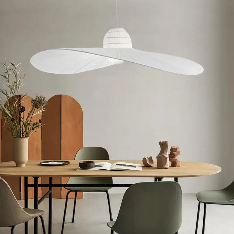 White modern pendant lamp with wide flared shade and subtle vertical ribbing decorbites designer fabric hat