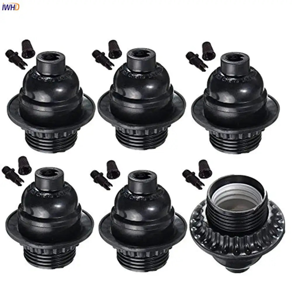 Modern black ribbed plastic e27 socket lamp base with threaded metal inserts and matching caps for bedroom lamps