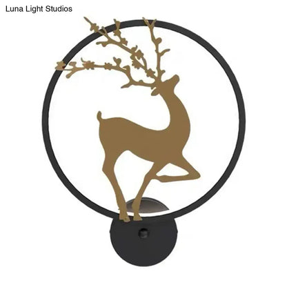 Modern black ring led elk mural wall sconce with golden deer silhouette designed for bedroom lighting with maximum bulb wattage