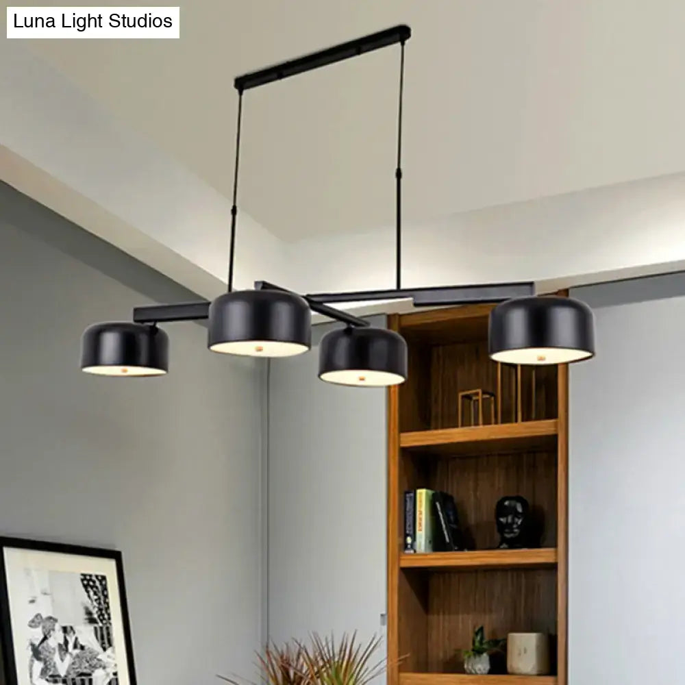 Decorbites linear modernist island pendant light with four black matte drum shades and rose gold accents for led incandescent fluorescent bulbs suitable for 220v-240v 110v-120v
