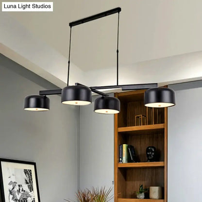 Decorbites linear modernist island pendant light with four black matte drum shades and rose gold accents for led incandescent fluorescent bulbs suitable for 220v-240v 110v-120v