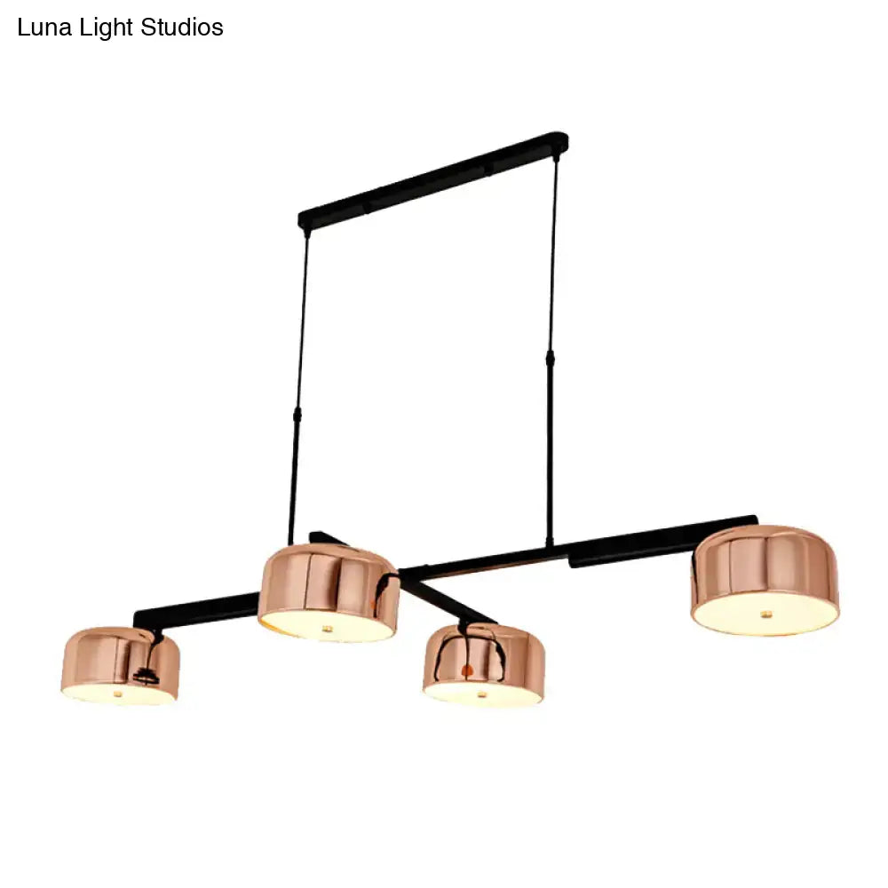 Decorbites linear modernist island pendant light with four drum shades in rose gold and black metal frame for led incandescent fluorescent bulbs compatible with 220v-240v 110v-120v