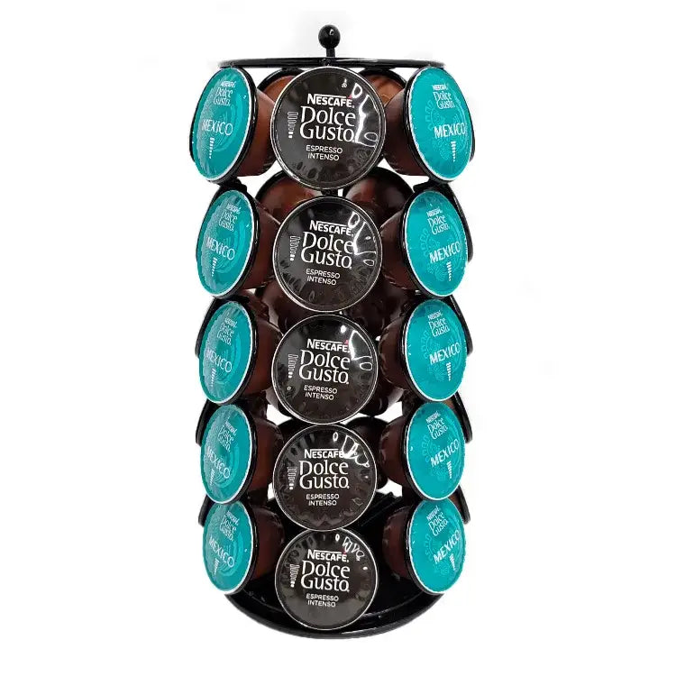Modern black metal rotatable dolce gusto capsule rack holding multiple nescafé dolce gusto capsules for kitchen storage
