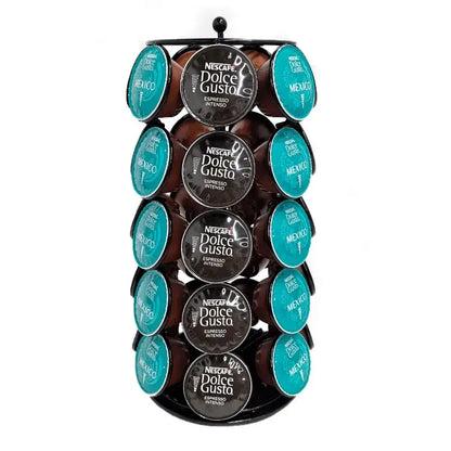 Modern black metal rotatable dolce gusto capsule rack holding multiple nescafé dolce gusto capsules for kitchen storage