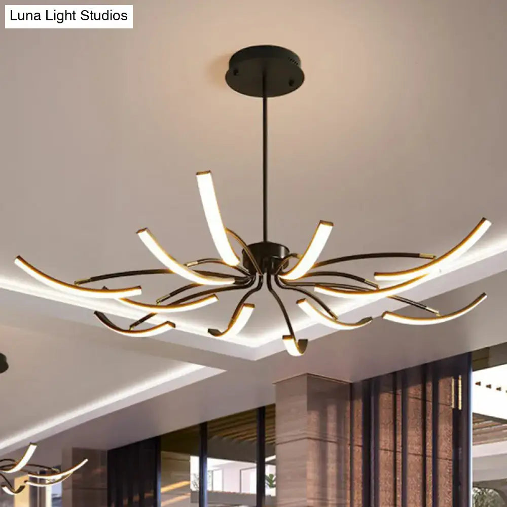 Modern black rotating stick led chandelier with curved illuminated arms emitting warm glow for dining room use