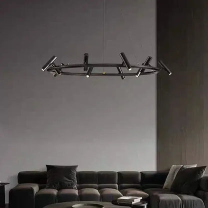 Modern black round ring chandelier with sleek metallic arms and cylindrical light fixtures for round ring ceiling decorbites black round