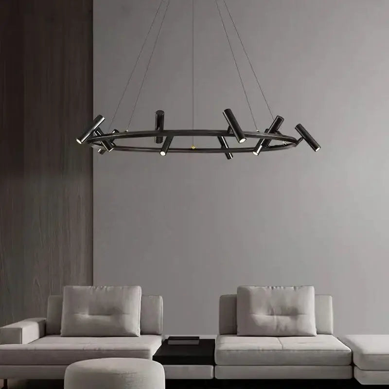 Modern black round ring chandelier with sleek cylindrical light fixtures for stylish round ring ceiling decorbites black round design