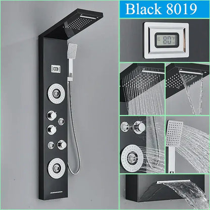 Modern black shower panel with sleek chrome accents and multiple spray settings for rainfall waterfall system