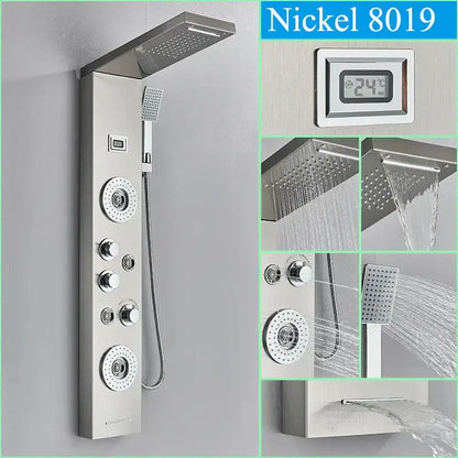 Nickel 8019 modern black shower panel with multiple spray heads and control knobs for rainfall waterfall system bathroom faucet