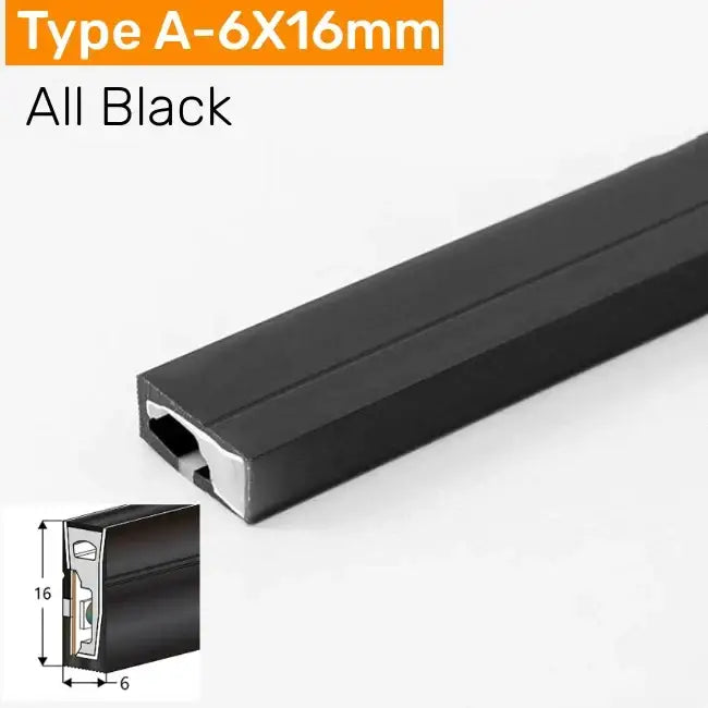 Black silicone tube weather stripping with 6x16mm rectangular profile and metallic inner channel for outdoor led light