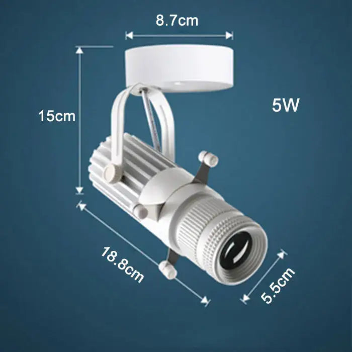 White 5w LED spotlight with cylindrical body and adjustable mounting bracket for decorbites adjustable LED track use