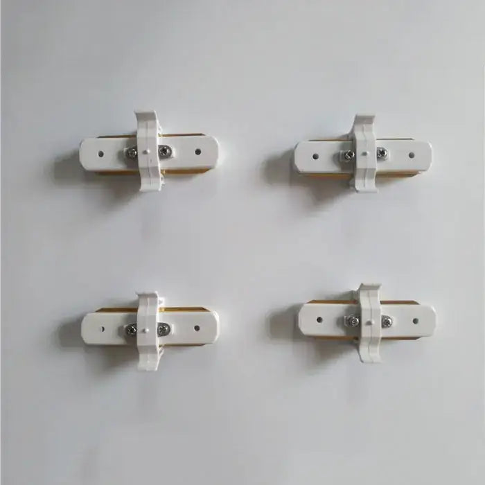 Modern black and silver ceiling track rail connector set with white plastic wall bracket and beige wooden insert for decorbites ceiling track