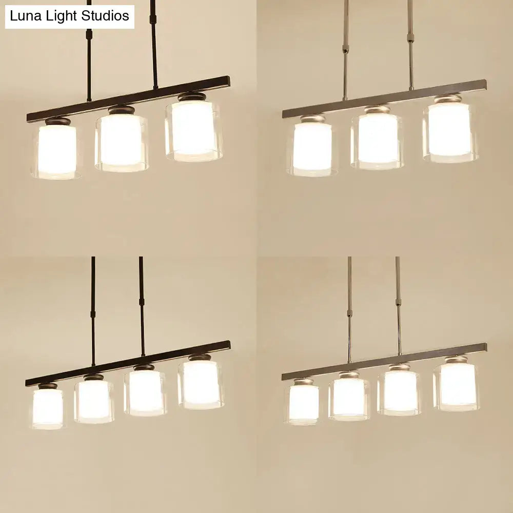 DecorBites™ cylinder island pendant light fixture with black metal frame and frosted glass shades for cooking space with e26 e27 bulbs