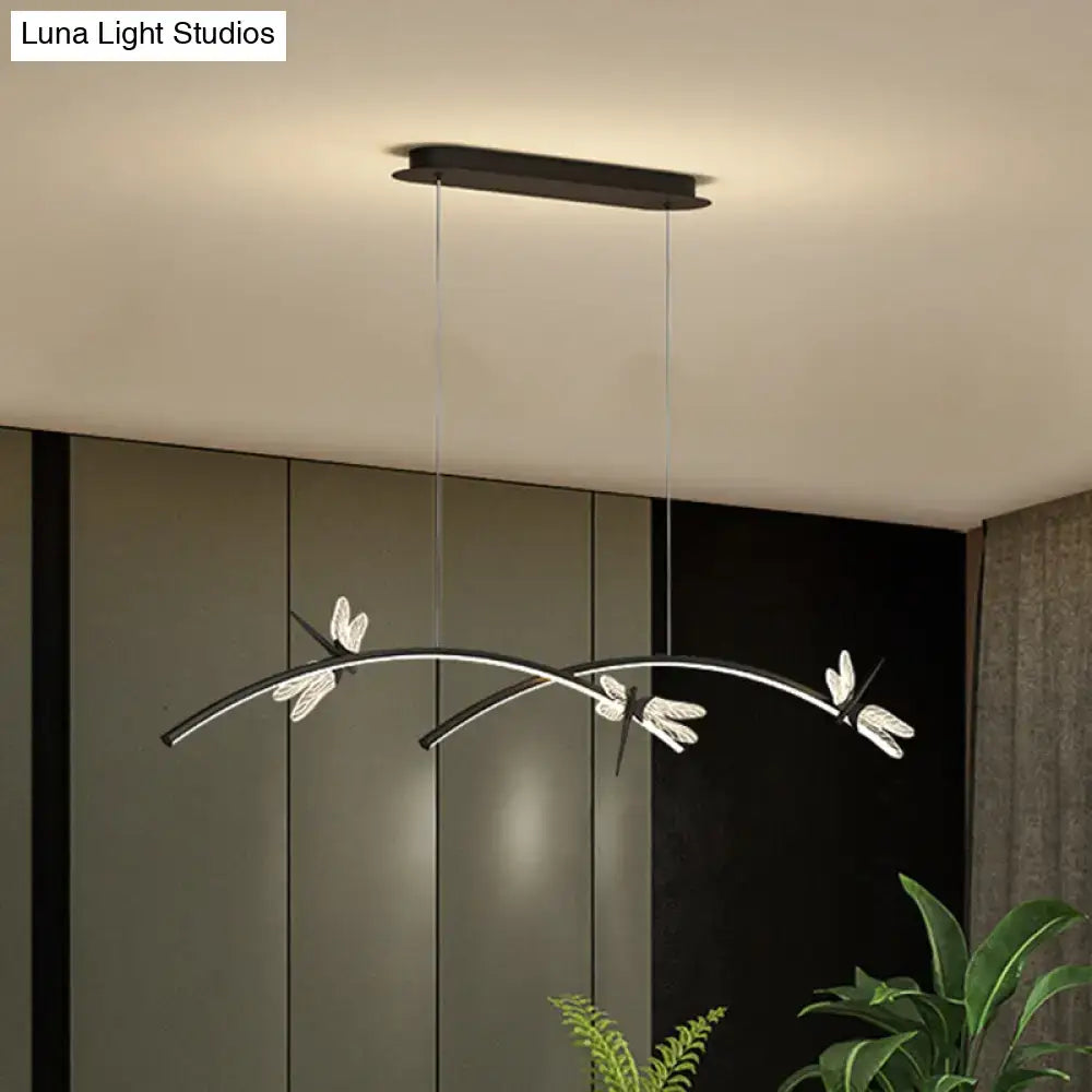 Modern black dragonfly pendant light with sleek metallic branches and glowing crystal wings features stepless dimming
