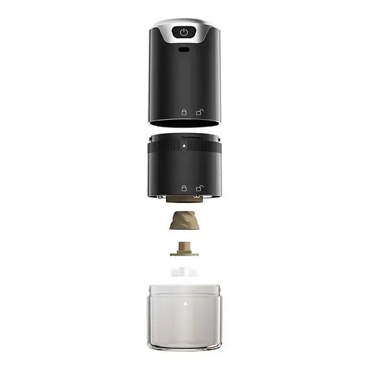 Modern black and silver electric coffee tamper barista grinder with transparent glass base for espresso coffee tamper use