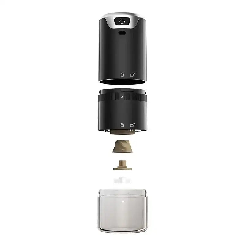Modern black and silver electric coffee tamper barista grinder with transparent glass base for espresso coffee tamper use